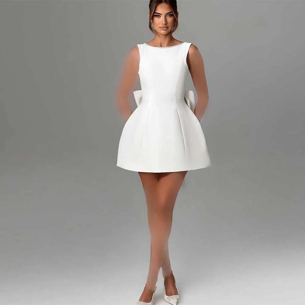 Customized Mini Civil Wedding Dresses Satin A-Line Wedding Party Gowns White O-Neck Pearls Bow Backless Short Bridal Dress 2026