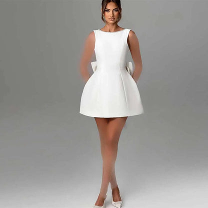 Customized Mini Civil Wedding Dresses Satin A-Line Wedding Party Gowns White O-Neck Pearls Bow Backless Short Bridal Dress 2026