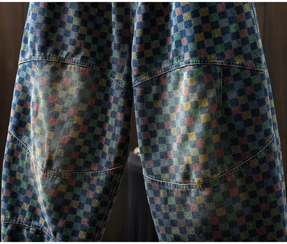 Women Casual Boyfriend Jeans New Arrival 2025 Autumn Vintage Style Plaid Pattern Loose Female Denim Harem Pants M1854