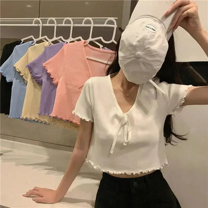 Tops Woman Short Sleeve T Shirt for Women V Neck New in Knitwears Plain Sexy Crop Korean Fashion Reviews Clothes Many Polyester