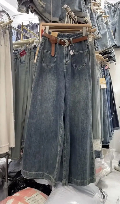 Wide-leg Jeans Women's Summer Thin 2024 New High-waisted Slimming Big Horn Loose Draping Mop Trouser Skirt Tide Women's Clothing