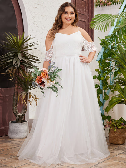 Plus Size Solid Cold Shoulder Wedding Dress, Elegant Lace Stitching Short Sleeve Party Dress, Women's Plus Size Clothing Wedding/Occasion/Engagement/Ceremony/Evening dress