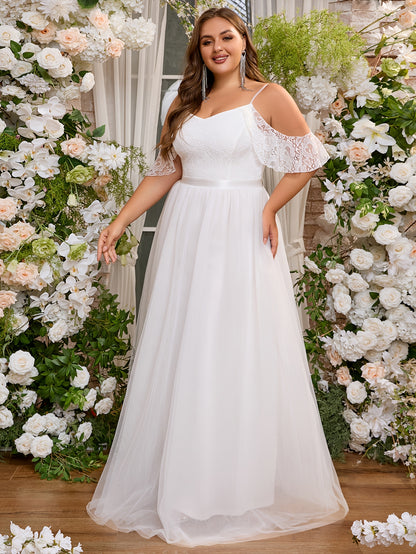 Plus Size Solid Cold Shoulder Wedding Dress, Elegant Lace Stitching Short Sleeve Party Dress, Women's Plus Size Clothing Wedding/Occasion/Engagement/Ceremony/Evening dress
