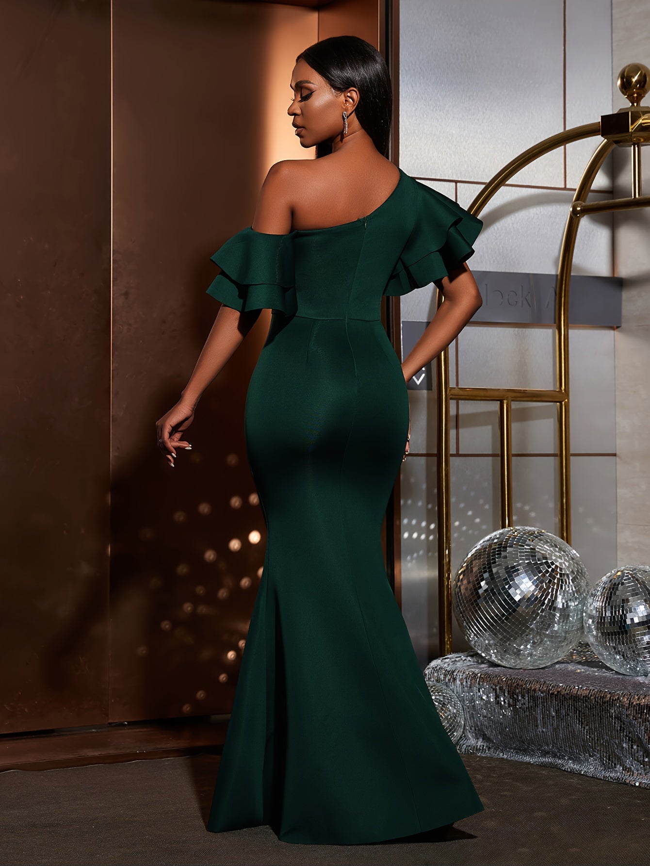 Solid Slant Shoulder Wedding Dress, Elegant Layered Ruffle Sleeve Bodycon Dress For Party & Banquet, Women's Clothing