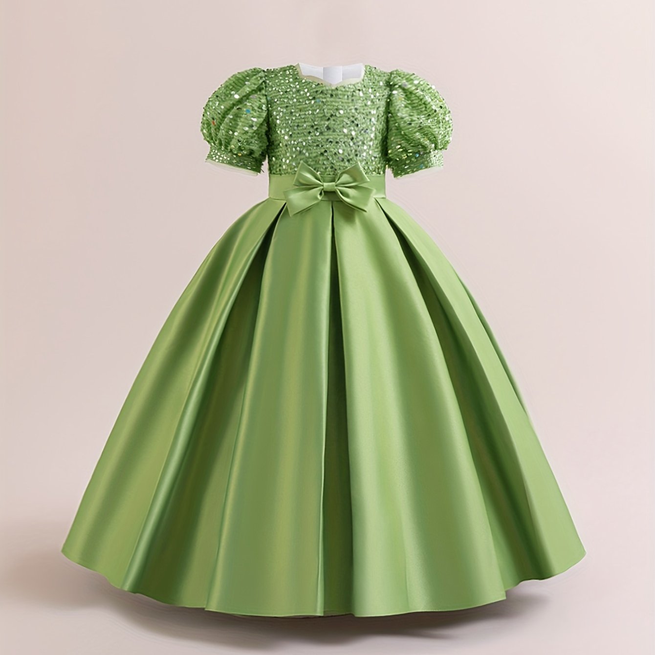 New Youngsters's Dress Long Princess Dress Satin Wedding Dress Flower Youngsters Dress Elegant Evening Dress for Girls Bubble Sleeve Sequins Sparkling Puffy Skirt