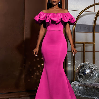 Ruched Trim Off Shoulder Wedding Dress, Elegant Mermaid Hem Evening Dress For Party & Banquet, Women's Clothing Wedding/Evening dress/Occasion/Engagement/Ceremony