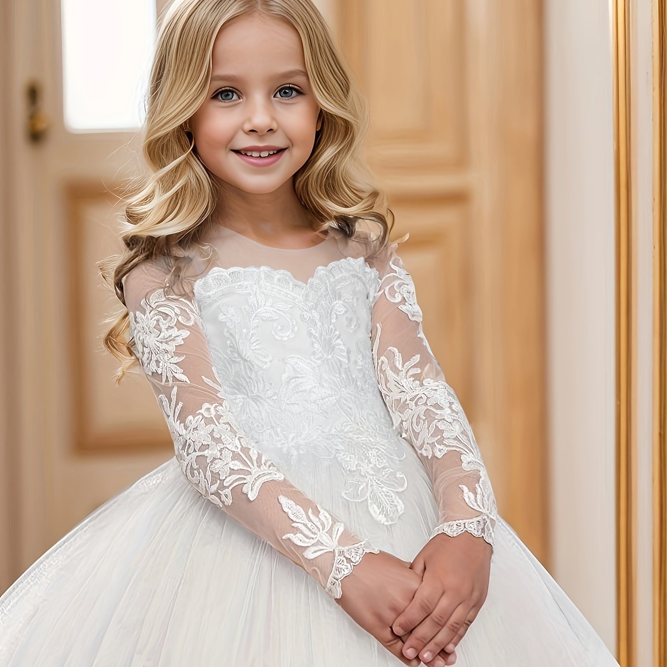 [Wedding Attire] Elegant Flower Girl Evening Gown - Long White Lace Wedding Dress with Embroidered Floral Details, Polyester, A-Line Fit for Piano Recitals & Formal Occasions