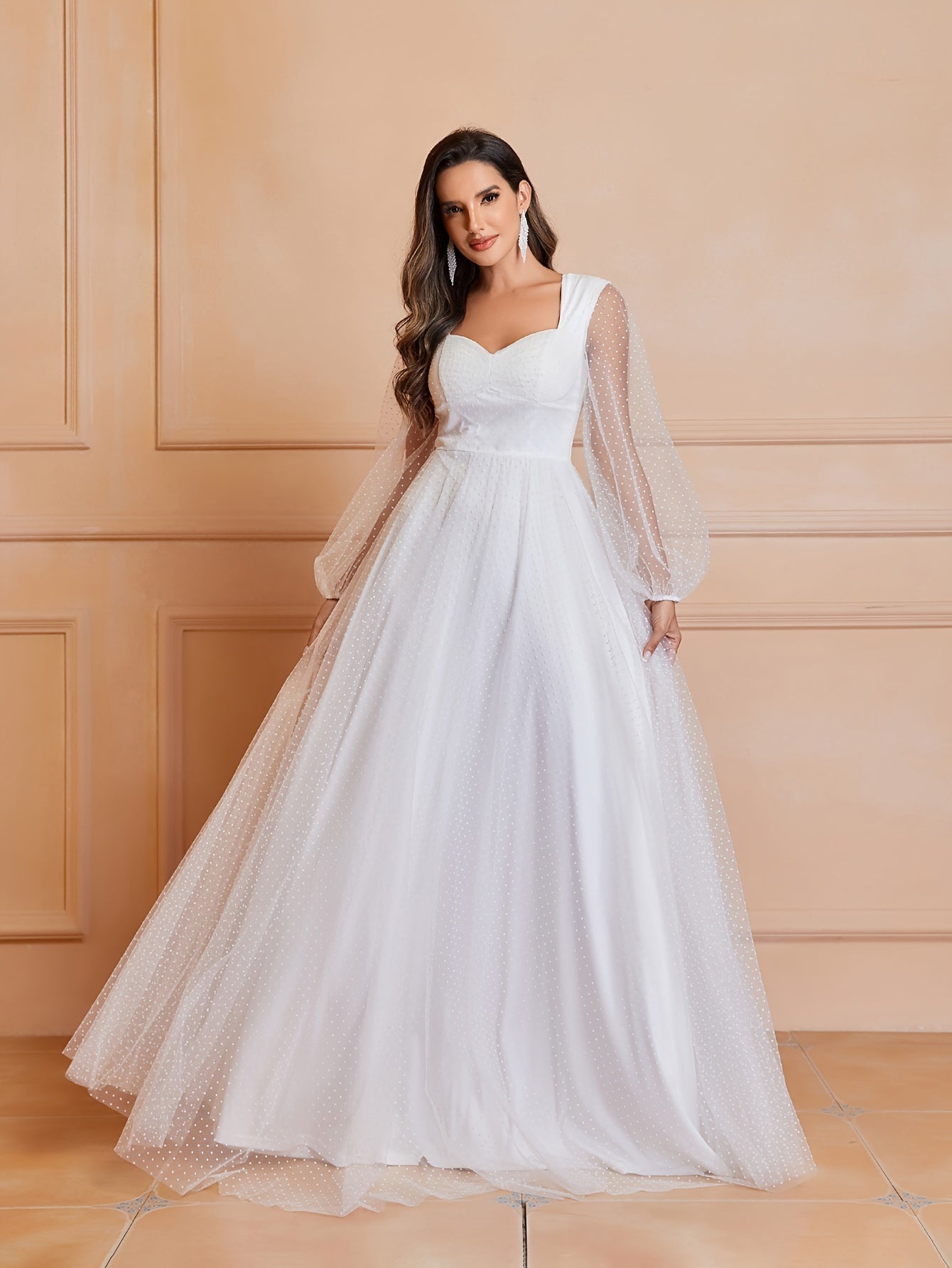 Timeless Elegance - Solid Cut Out Ruched Wedding Dress with Flattering Shirred Waistline and Romantic Long Sleeves - Premium Womens Bridal Gown