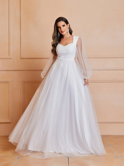Timeless Elegance - Solid Cut Out Ruched Wedding Dress with Flattering Shirred Waistline and Romantic Long Sleeves - Premium Womens Bridal Gown