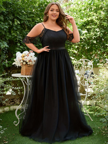 Plus Size Solid Cold Shoulder Wedding Dress, Elegant Lace Stitching Short Sleeve Party Dress, Women's Plus Size Clothing Wedding/Occasion/Engagement/Ceremony/Evening dress
