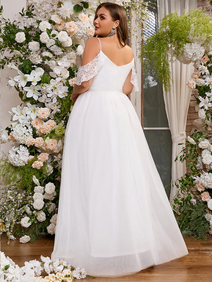Plus Size Solid Cold Shoulder Wedding Dress, Elegant Lace Stitching Short Sleeve Party Dress, Women's Plus Size Clothing Wedding/Occasion/Engagement/Ceremony/Evening dress