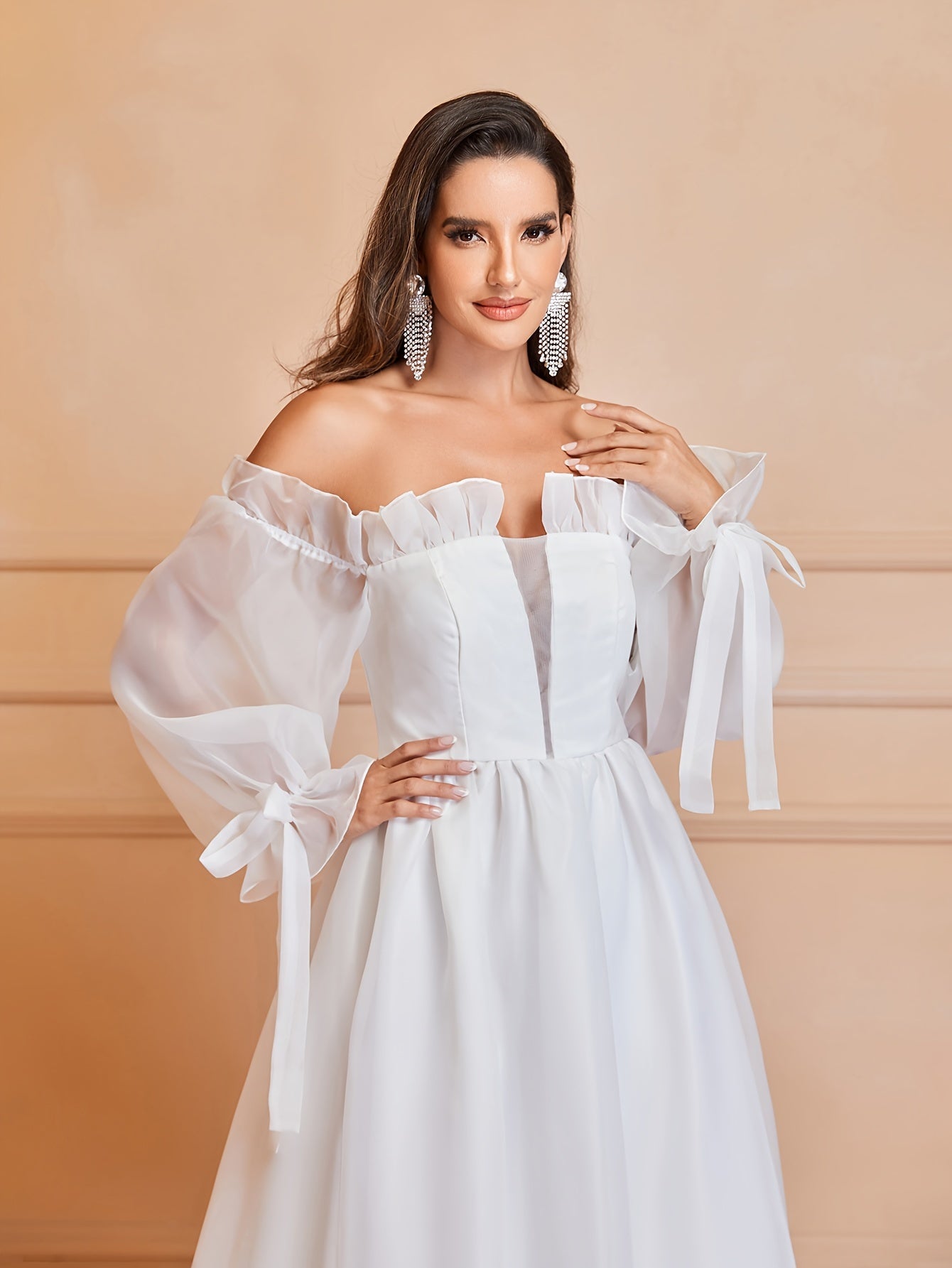 Exquisite Lace Off Shoulder Wedding Dress - Flowing Long Sleeves, Solid Color, Unique Bow Cut Out Design, Flattering Silhouette - Perfect for Daily Wear, Casual Occasions, and Weddings, Womens Clothing