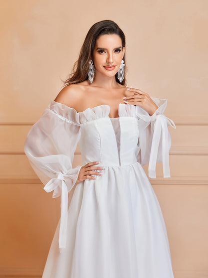 Exquisite Lace Off Shoulder Wedding Dress - Flowing Long Sleeves, Solid Color, Unique Bow Cut Out Design, Flattering Silhouette - Perfect for Daily Wear, Casual Occasions, and Weddings, Womens Clothing