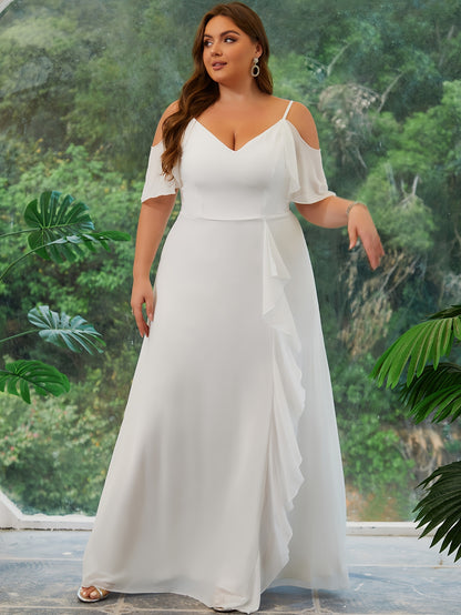 Plus Size Long Formal Wedding Dress - Exquisite Polyester Fabric, Elegant V-Neck, Long Sleeves, Floor-Length Design - Perfect for Wedding, Reception, and Evening Party Celebrations