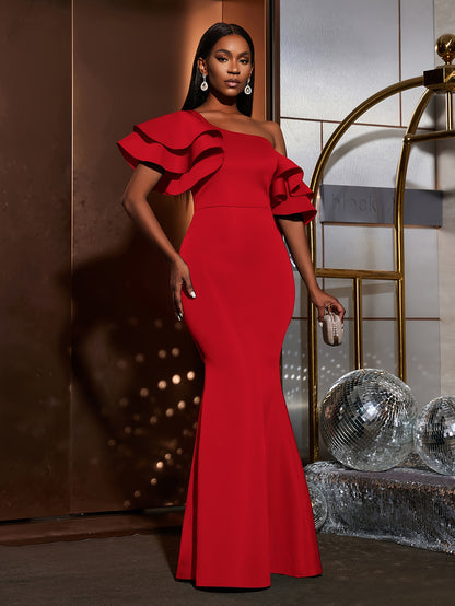 Solid Slant Shoulder Wedding Dress, Elegant Layered Ruffle Sleeve Bodycon Dress For Party & Banquet, Women's Clothing