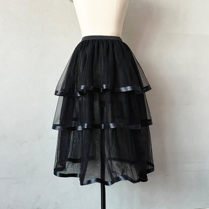 1PC Punk Style Skirt Black 3 Layers Ribbon 5 Layers Mesh Removable Tulle Skirt Half-length Skirt Covering Wedding Dress Elastic Waist Detachable Thin Tulle Skirt