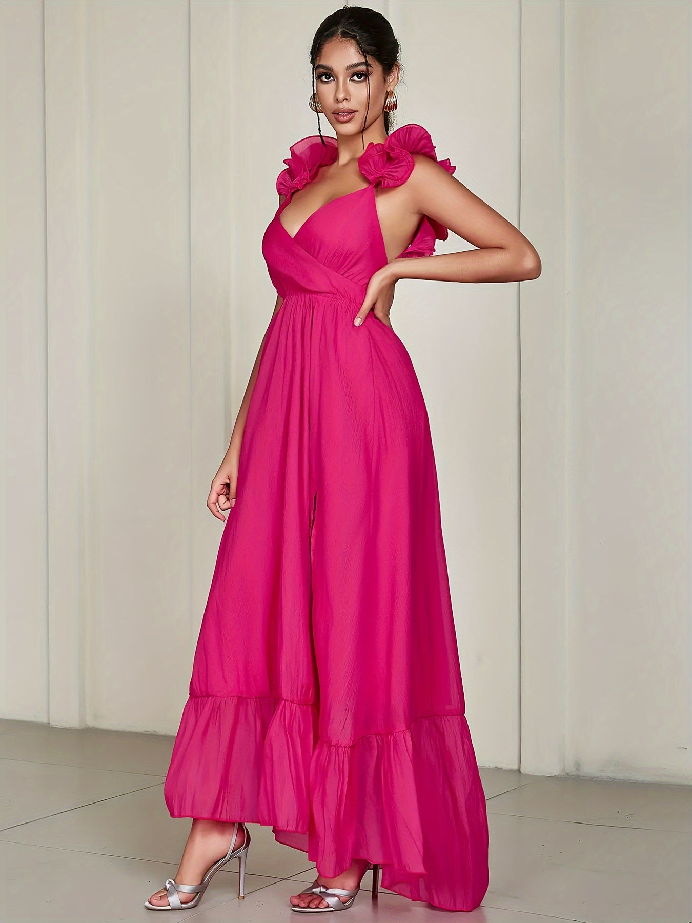 Contrast Mesh V Neck Wedding Dress, Elegant Sleeveless Split Ruffle Hem Dress For Party & Banquet, Women's Clothing