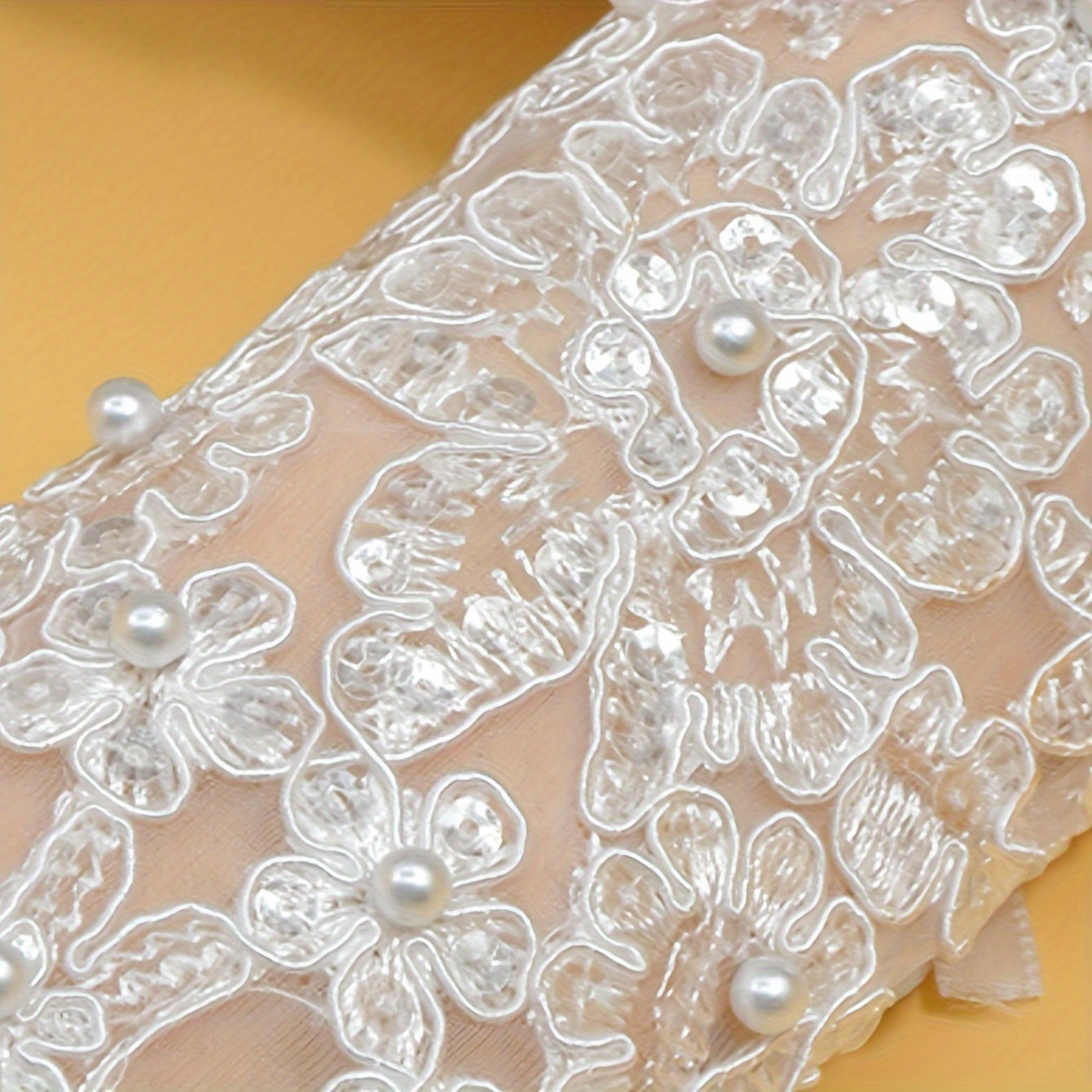 1 Pair Exquisite Fingerless Bridal Lace Gloves - Romantic Wedding Dress Accessories with Faux Pearl Embroidery, Beaded Details, and Exposed Fingertips for Elegant Brides