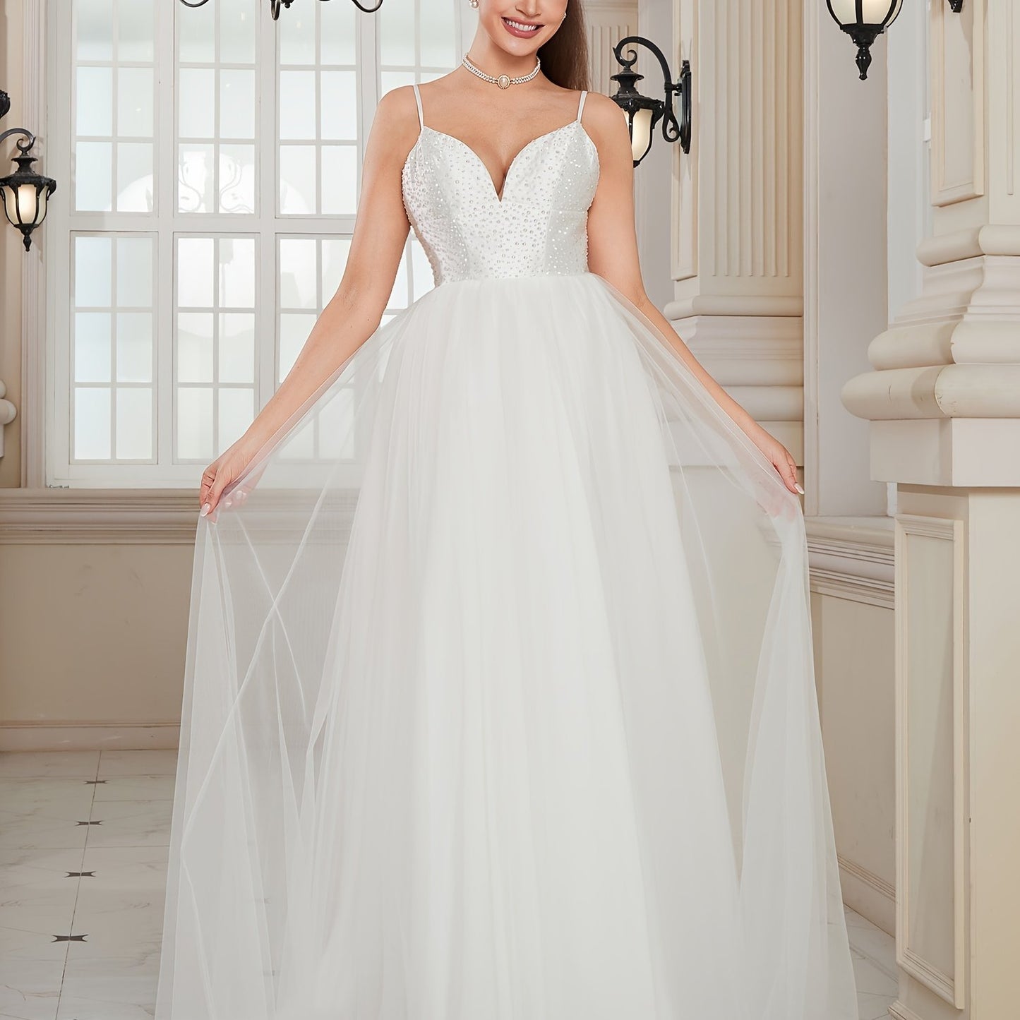 Rhinestone Low Cut Cami Dress, Elegant Spaghetti Strap Backless A-line High Waist Wedding Dress, Women's Clothing