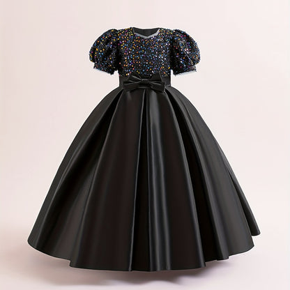 New Youngsters's Dress Long Princess Dress Satin Wedding Dress Flower Youngsters Dress Elegant Evening Dress for Girls Bubble Sleeve Sequins Sparkling Puffy Skirt