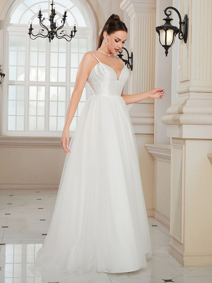 Rhinestone Low Cut Cami Dress, Elegant Spaghetti Strap Backless A-line High Waist Wedding Dress, Women's Clothing