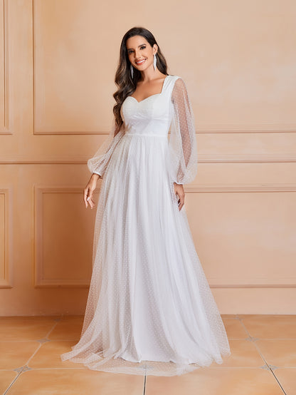 Timeless Elegance - Solid Cut Out Ruched Wedding Dress with Flattering Shirred Waistline and Romantic Long Sleeves - Premium Womens Bridal Gown