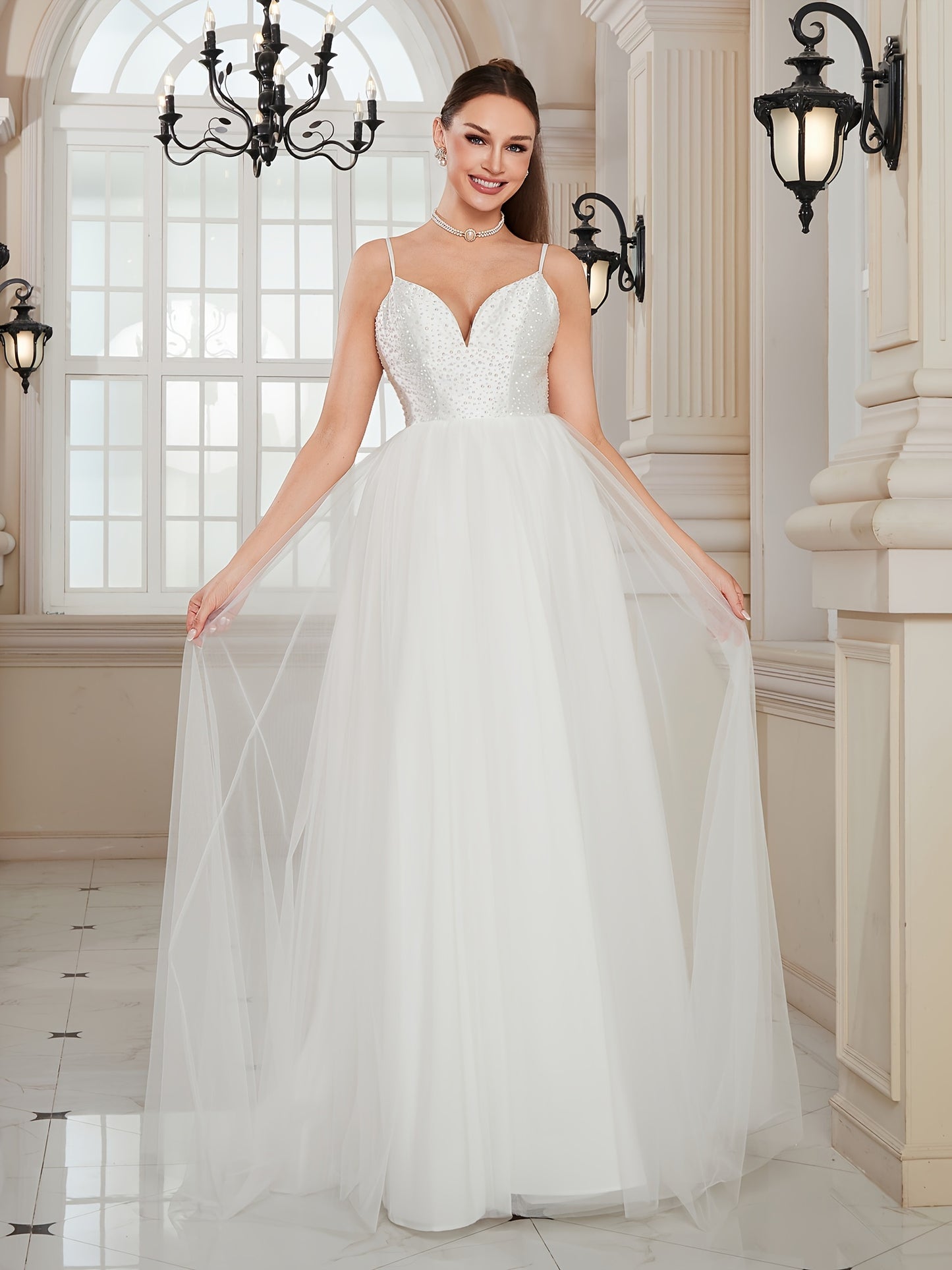 Rhinestone Low Cut Cami Dress, Elegant Spaghetti Strap Backless A-line High Waist Wedding Dress, Women's Clothing