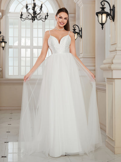 Rhinestone Low Cut Cami Dress, Elegant Spaghetti Strap Backless A-line High Waist Wedding Dress, Women's Clothing