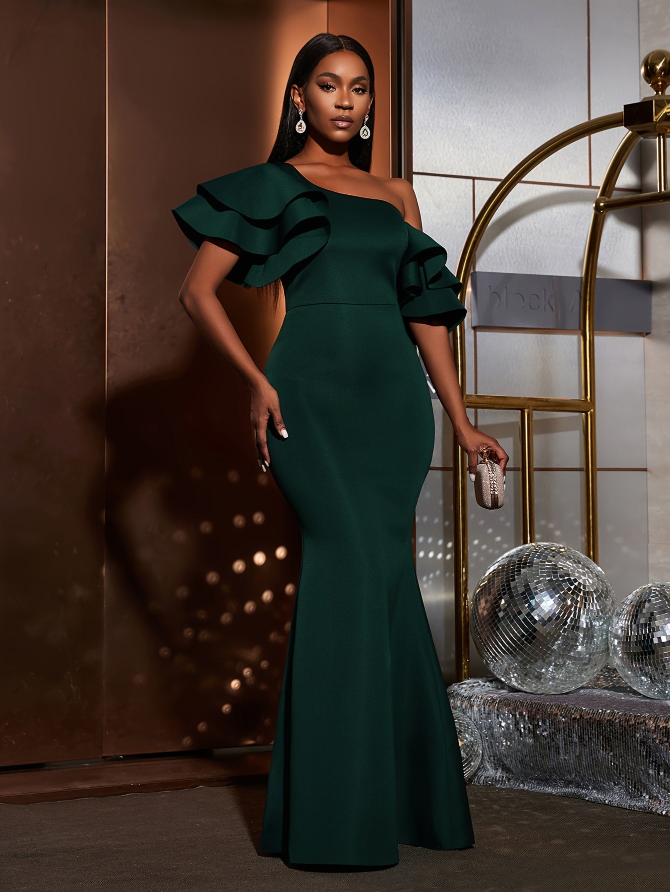 Solid Slant Shoulder Wedding Dress, Elegant Layered Ruffle Sleeve Bodycon Dress For Party & Banquet, Women's Clothing