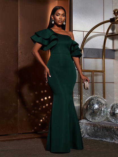 Solid Slant Shoulder Wedding Dress, Elegant Layered Ruffle Sleeve Bodycon Dress For Party & Banquet, Women's Clothing