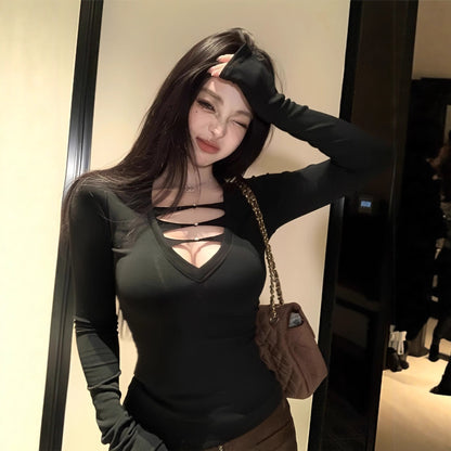 Womens V-neck Hollowed Solid-Color Long-Sleeve Top
