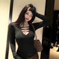 Womens V-neck Hollowed Solid-Color Long-Sleeve Top