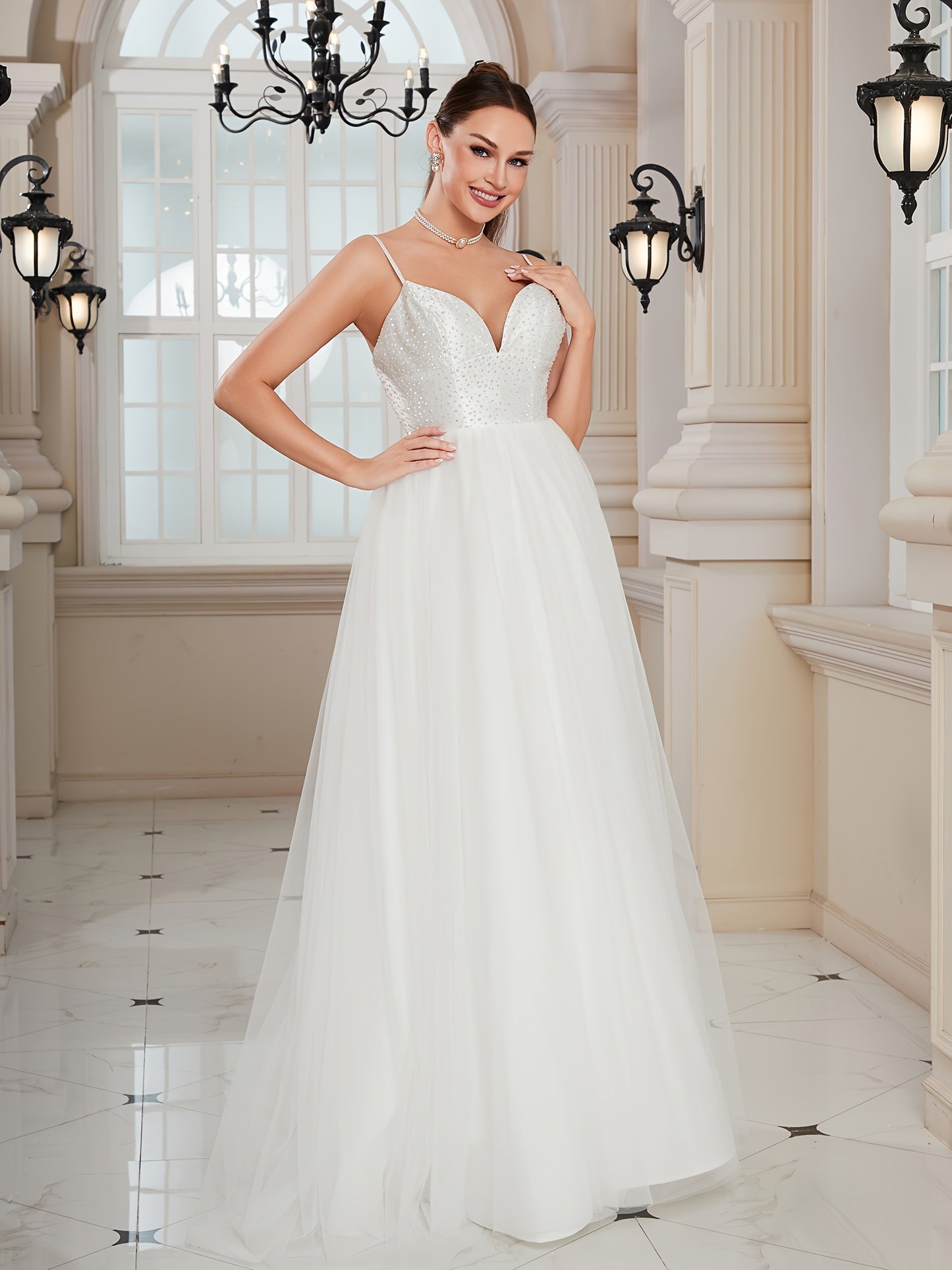 Rhinestone Low Cut Cami Dress, Elegant Spaghetti Strap Backless A-line High Waist Wedding Dress, Women's Clothing