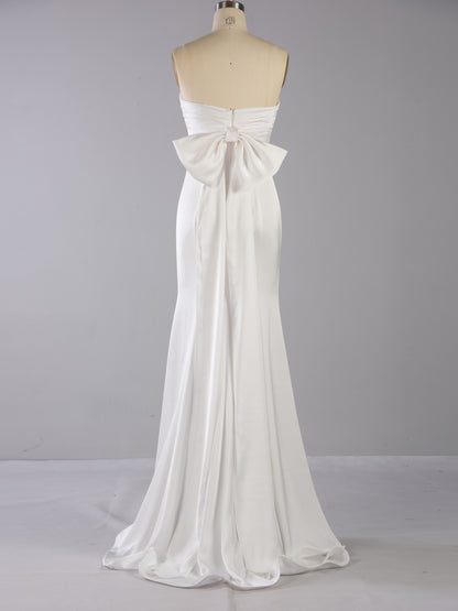 Plicated Detail Bow Back Tube Dress - Elegant Sweep Train Sleeveless Strapless Waist Draped Design -  Wedding Dress - For Women - Perfect for Weddings & Special Occasions - Ideal Gift for Brides