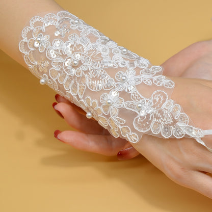 1 Pair Exquisite Fingerless Bridal Lace Gloves - Romantic Wedding Dress Accessories with Faux Pearl Embroidery, Beaded Details, and Exposed Fingertips for Elegant Brides