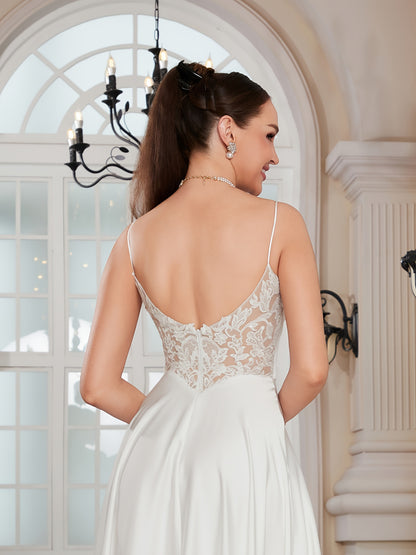 Lace Splicing Spaghetti Strap Dress, Elegant A-line Floor Length Low-cut Back Wedding Dress For Party & Banquet, Women's Clothing