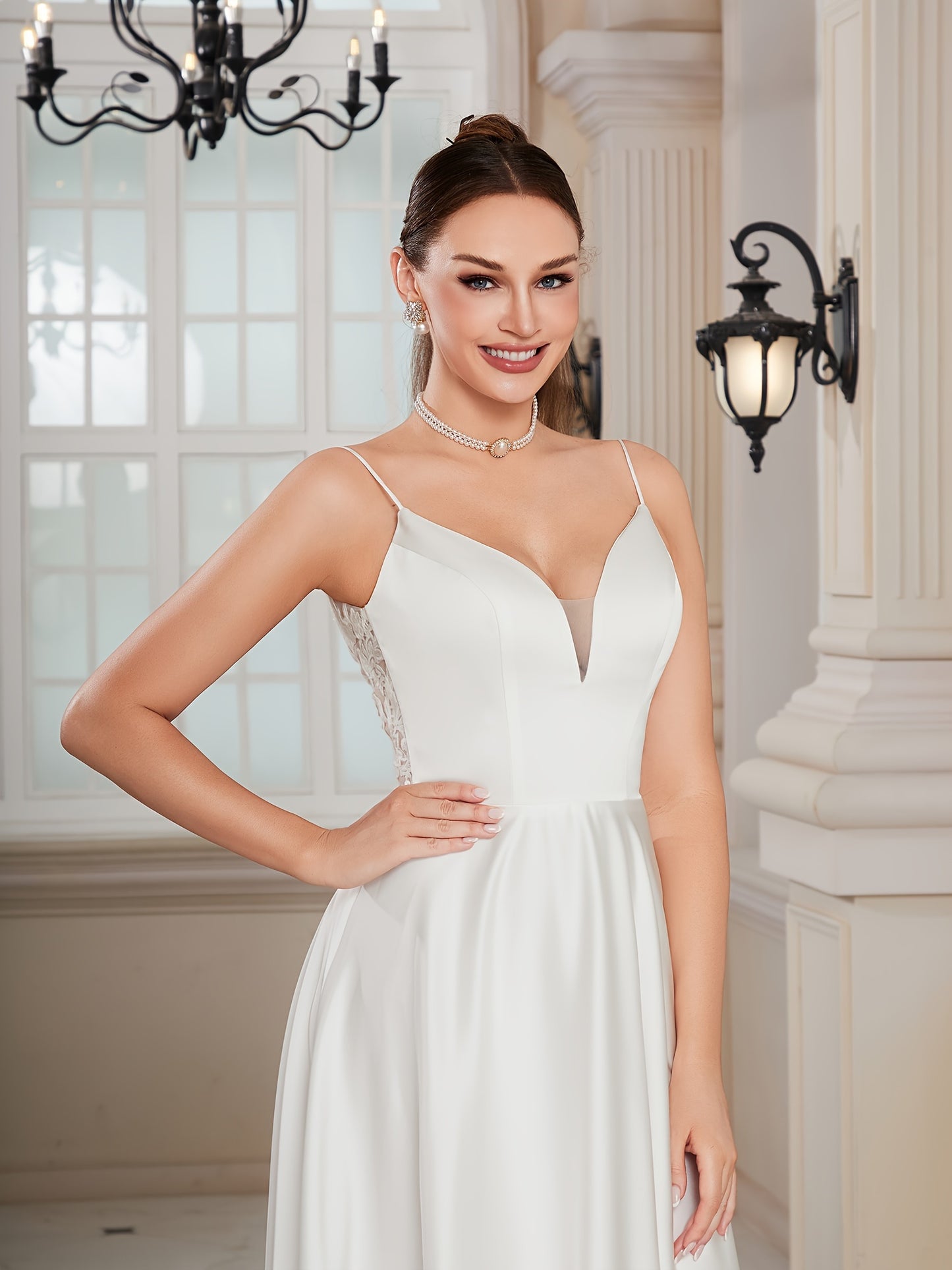 Lace Splicing Spaghetti Strap Dress, Elegant A-line Floor Length Low-cut Back Wedding Dress For Party & Banquet, Women's Clothing