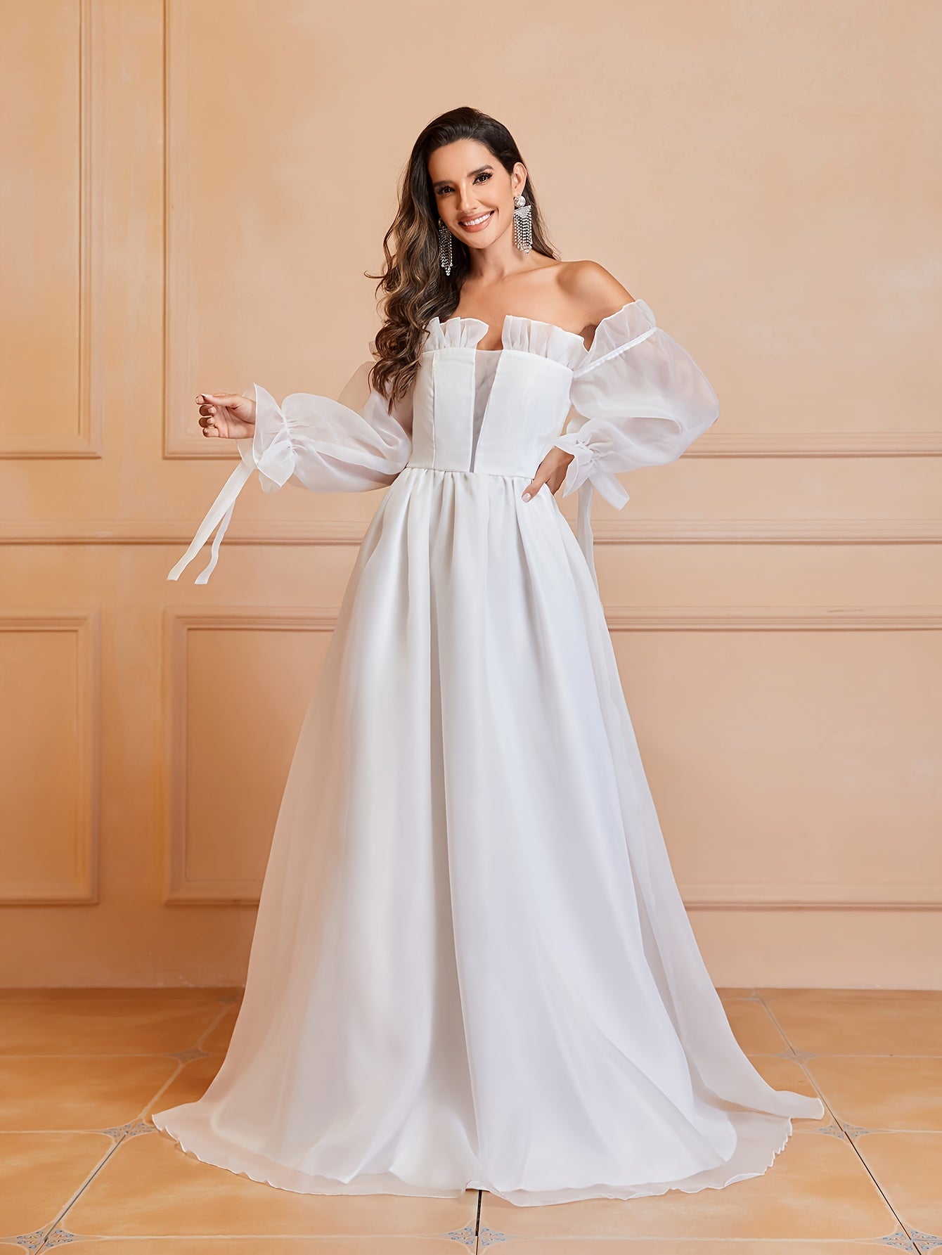 Exquisite Lace Off Shoulder Wedding Dress - Flowing Long Sleeves, Solid Color, Unique Bow Cut Out Design, Flattering Silhouette - Perfect for Daily Wear, Casual Occasions, and Weddings, Womens Clothing