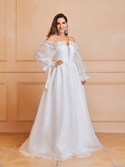 Exquisite Lace Off Shoulder Wedding Dress - Flowing Long Sleeves, Solid Color, Unique Bow Cut Out Design, Flattering Silhouette - Perfect for Daily Wear, Casual Occasions, and Weddings, Womens Clothing