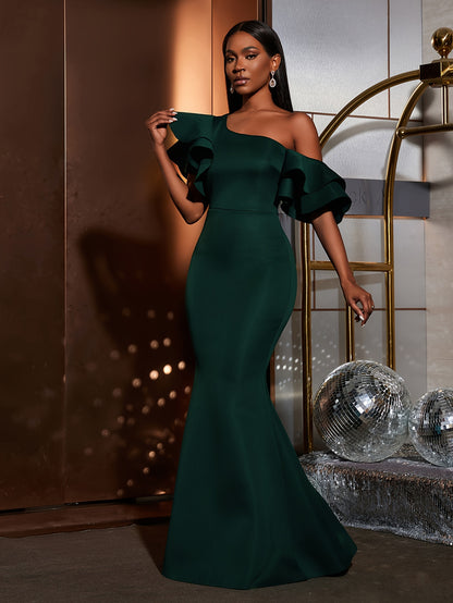 Solid Slant Shoulder Wedding Dress, Elegant Layered Ruffle Sleeve Bodycon Dress For Party & Banquet, Women's Clothing