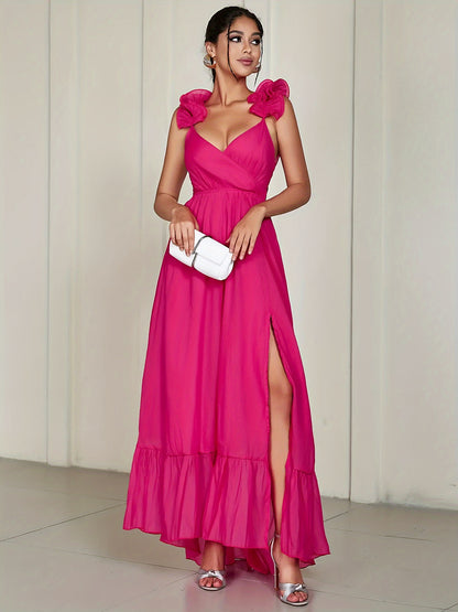 Contrast Mesh V Neck Wedding Dress, Elegant Sleeveless Split Ruffle Hem Dress For Party & Banquet, Women's Clothing