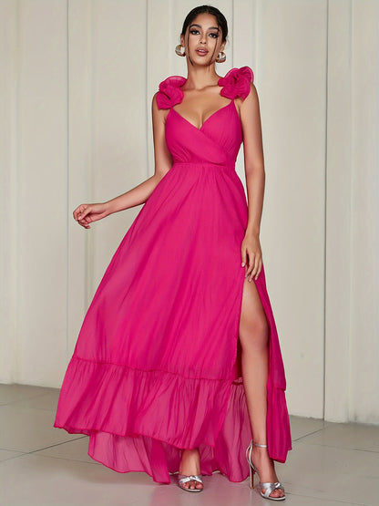 Contrast Mesh V Neck Wedding Dress, Elegant Sleeveless Split Ruffle Hem Dress For Party & Banquet, Women's Clothing