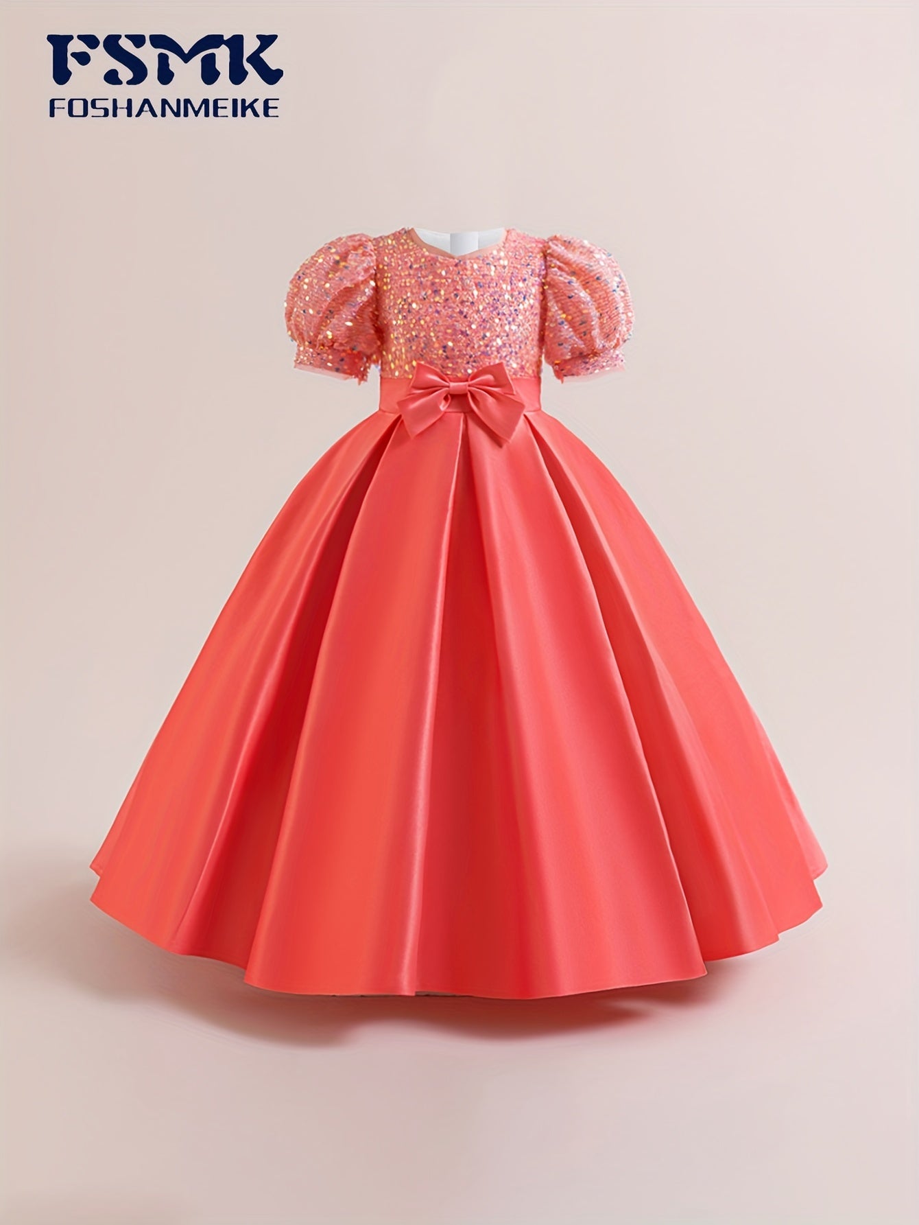 New Youngsters's Dress Long Princess Dress Satin Wedding Dress Flower Youngsters Dress Elegant Evening Dress for Girls Bubble Sleeve Sequins Sparkling Puffy Skirt