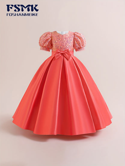 New Youngsters's Dress Long Princess Dress Satin Wedding Dress Flower Youngsters Dress Elegant Evening Dress for Girls Bubble Sleeve Sequins Sparkling Puffy Skirt