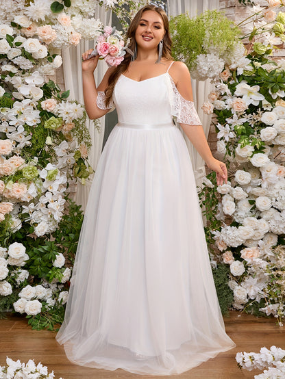 Plus Size Solid Cold Shoulder Wedding Dress, Elegant Lace Stitching Short Sleeve Party Dress, Women's Plus Size Clothing Wedding/Occasion/Engagement/Ceremony/Evening dress