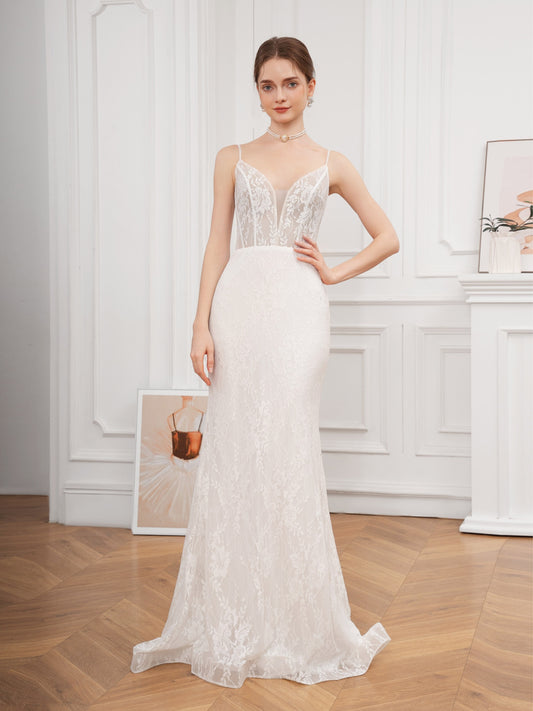 Floral Lace Cross Tie Back Cami Dress, Elegant Trumpet V-neck Bodycon Wedding Dress, Women's Clothing Wedding/Evening dress/Occasion/Engagement/Ceremony