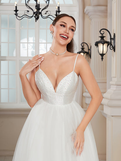 Rhinestone Low Cut Cami Dress, Elegant Spaghetti Strap Backless A-line High Waist Wedding Dress, Women's Clothing