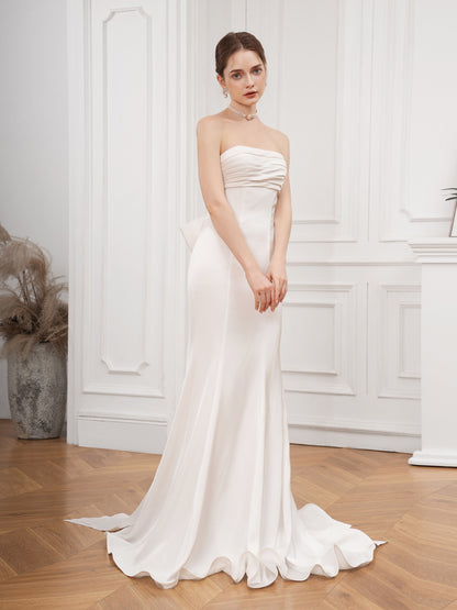 Plicated Detail Bow Back Tube Dress - Elegant Sweep Train Sleeveless Strapless Waist Draped Design -  Wedding Dress - For Women - Perfect for Weddings & Special Occasions - Ideal Gift for Brides