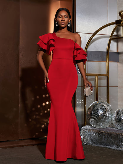 Solid Slant Shoulder Wedding Dress, Elegant Layered Ruffle Sleeve Bodycon Dress For Party & Banquet, Women's Clothing