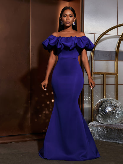 Ruched Trim Off Shoulder Wedding Dress, Elegant Mermaid Hem Evening Dress For Party & Banquet, Women's Clothing Wedding/Evening dress/Occasion/Engagement/Ceremony